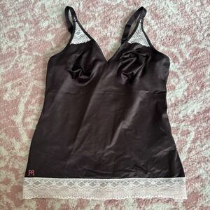 Ruby Ribbon Black Lace Trim Cami Top Espresso V-Neck Adjustable Strap sz 38